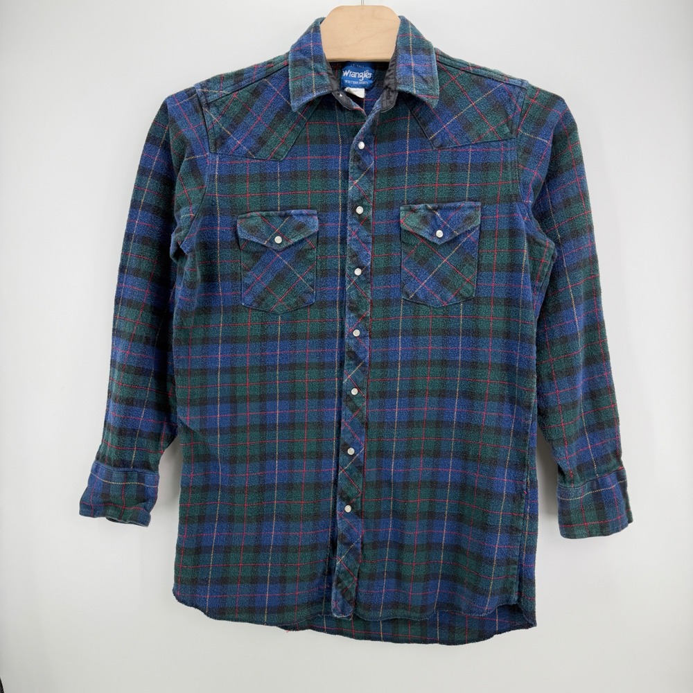 Wrangler Western Plaid Flannel Shirt LT Tall Cotton Blue Green Pearl Snap Vtg